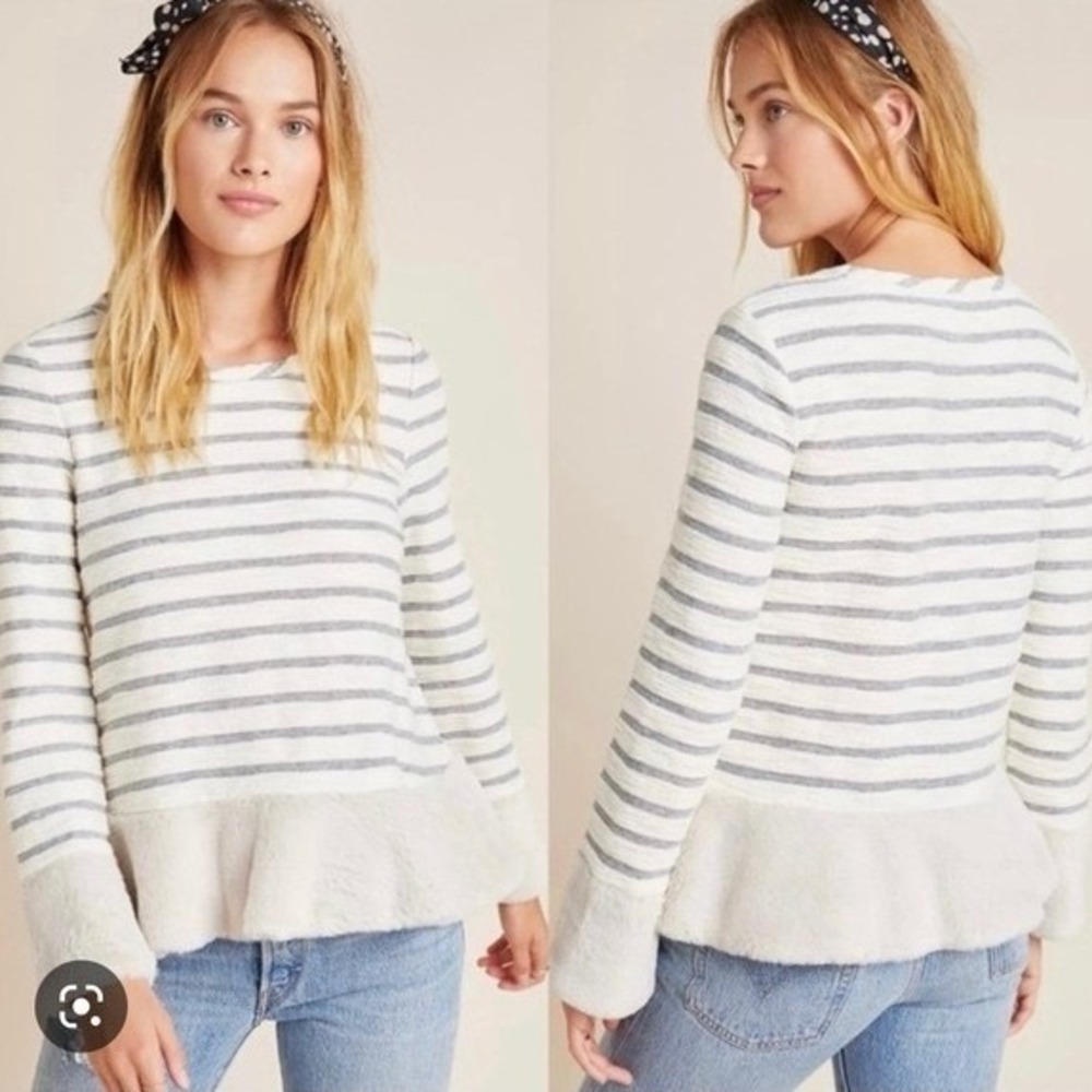 Anthropologie Maeve Astor Fur-Trimmed Striped Pullover Sweater M White/Gray NWT